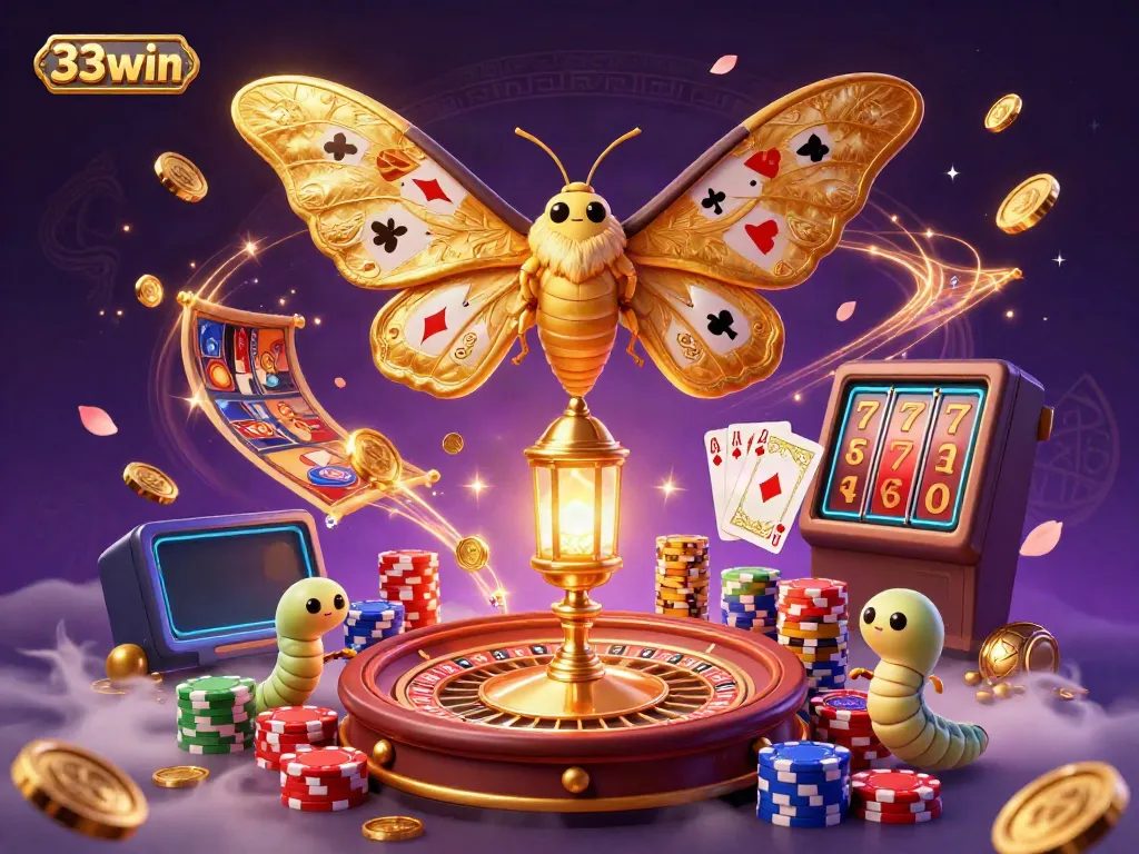 Experience the vibrant gaming realm of 33win with a magical 3D casino scene featuring an atlas moth and golden casino elements.