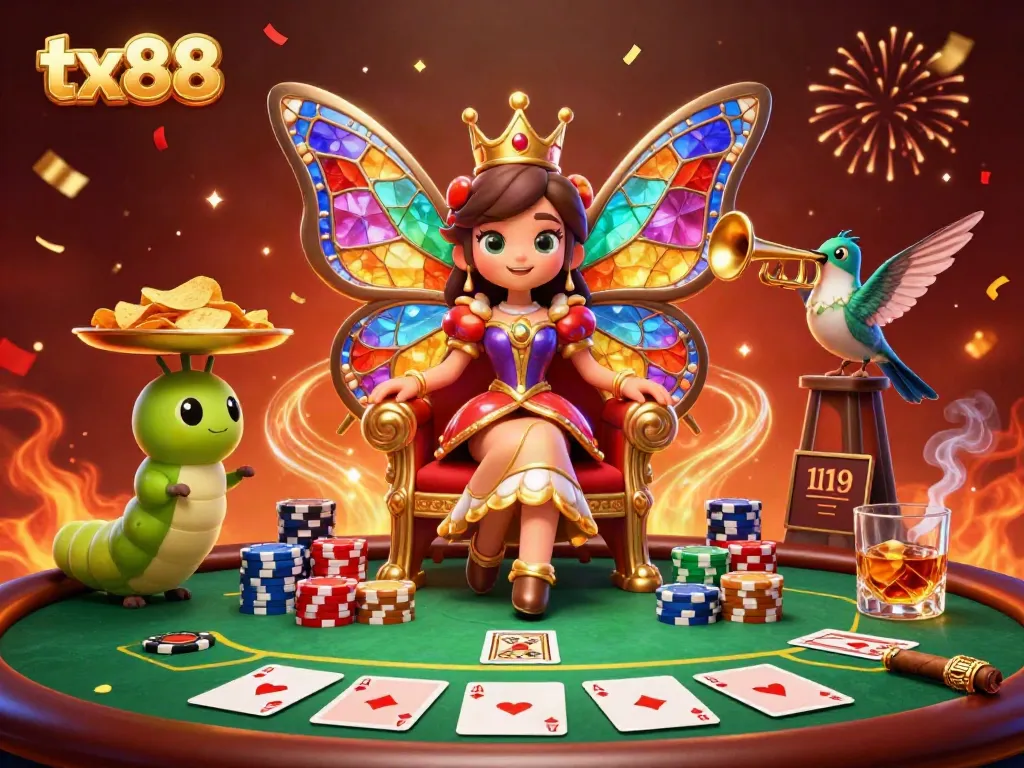 Experience thrilling gameplay at tx88 with a vibrant casino scene featuring a butterfly queen and her card companions.