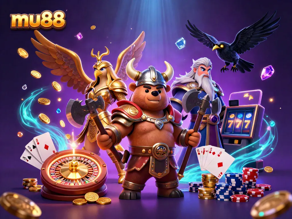 Play and win big with mu88, featuring a Viking bear, Valkyrie eagle, and casino games.