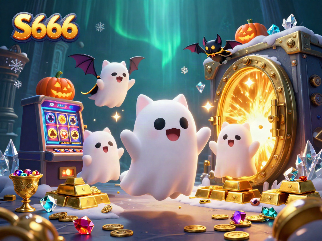 Engage with S666 in a vibrant casino scene featuring a ghost cat and treasure elements.
