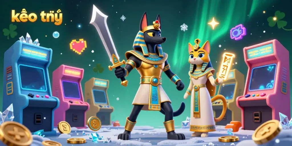 Experience the thrill of kèo trực tuyến with Anubis, Bastet, and vibrant arcade elements in a richly detailed scene.