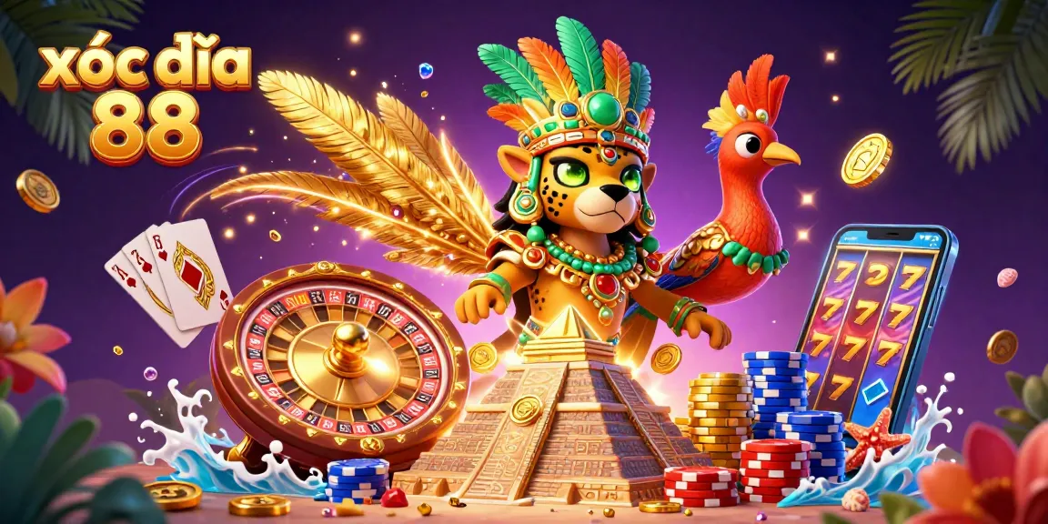 The 3D illustration captures xóc đĩa 88, featuring a Mayan priest with a quetzal bird, casino elements, and dynamic coins.
