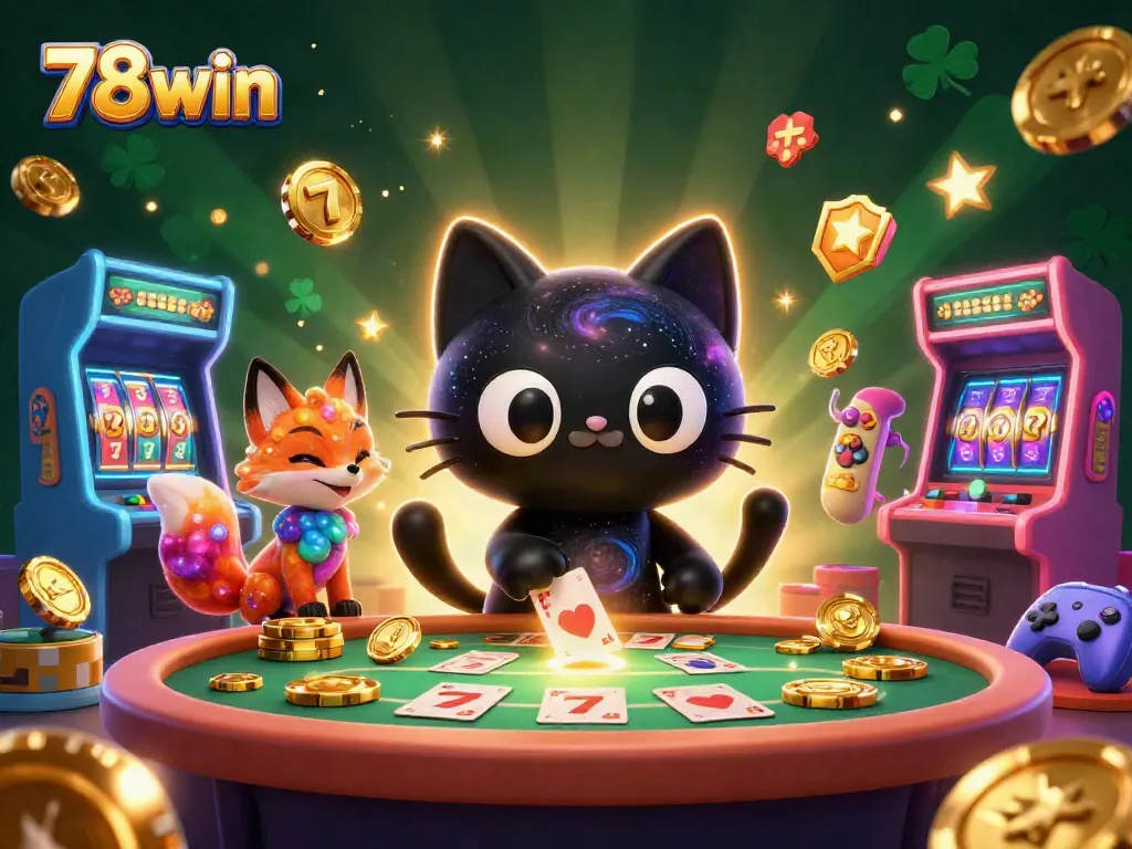 Engage at the 78win cosmic casino, where a black hole cat pulls in golden chips amidst vibrant game elements.