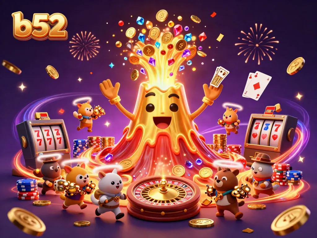 Experience thrilling gaming at b52 with a golden volcano erupting coins and treasures in a vibrant casino scene.
