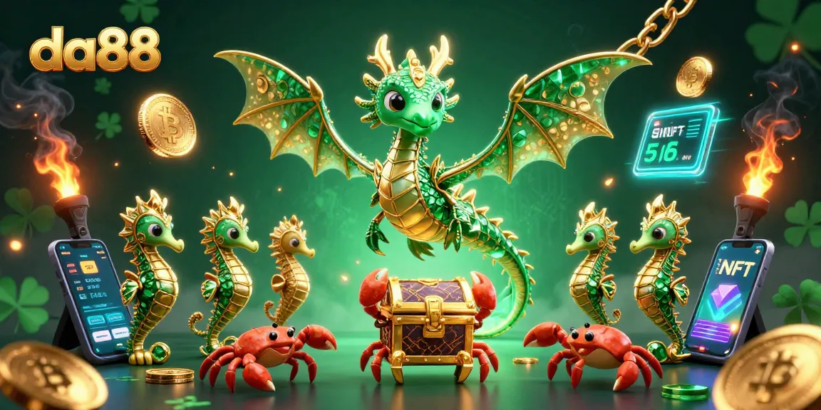 Spin the reels with da88 while navigating a vibrant treasure chest scene filled with crypto elements.