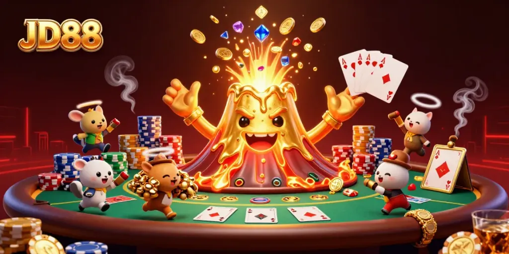 Experience the excitement of JD88 as treasure flows from a golden volcano in this vibrant casino scene.