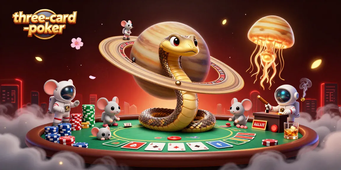 Experience the excitement of three-card-poker in a vibrant cosmic scene full of action and detail.