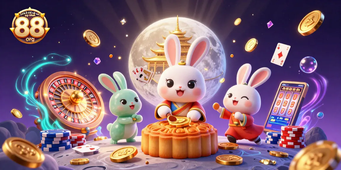 Experience top games at nhà cái uy tín 88 org with 3D moon rabbit and poker chips surrounded by glittering casino elements.