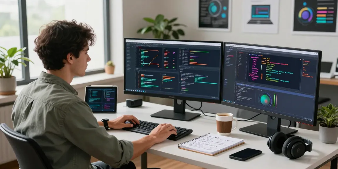 Software engineer analyzing large language models in a modern tech workspace with multiple monitors and natural light.