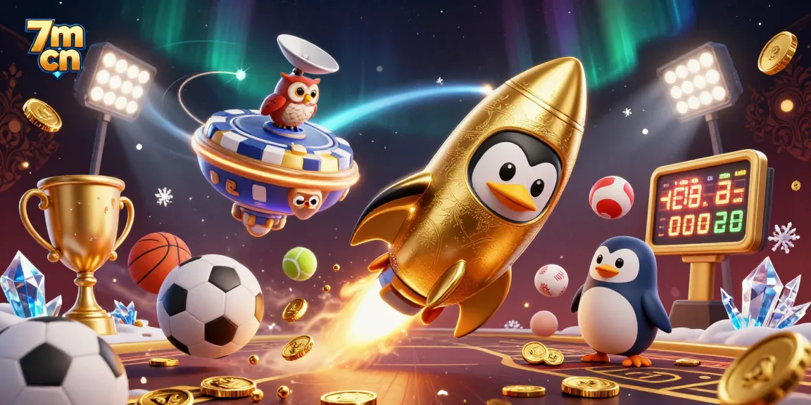 Engage in sports betting excitement with 7m cn, featuring a golden penguin and vibrant sports elements.