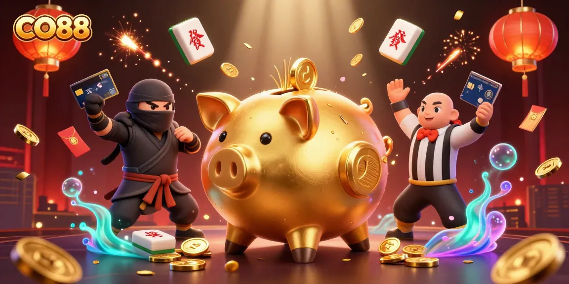 Join CO88's thrilling world with a golden piggy bank sumo wrestler amidst vibrant jackpot elements.