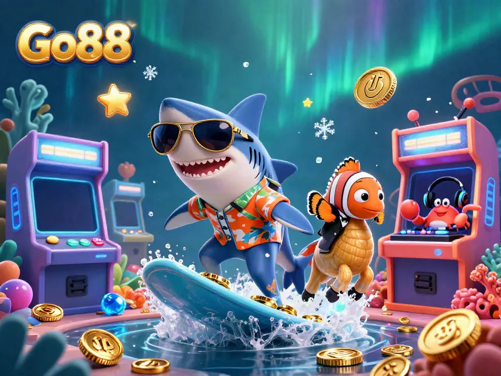 Go88 showcases an exciting underwater gambling theme with animated characters surfing on gold coins.