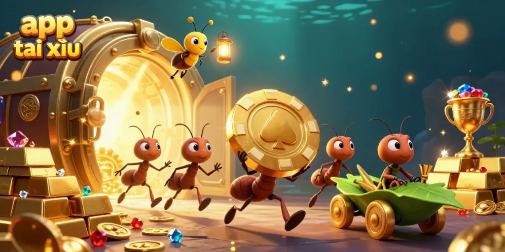 Experience the thrill of app tài xỉu with ants on a heist for golden poker chips in a vibrant 3D scene.
