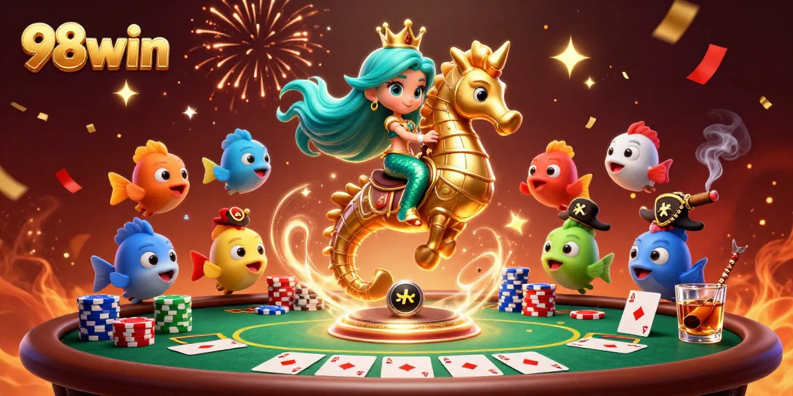 Engage in thrilling poker at 98win with a vibrant, illustrated 3D casino scene.