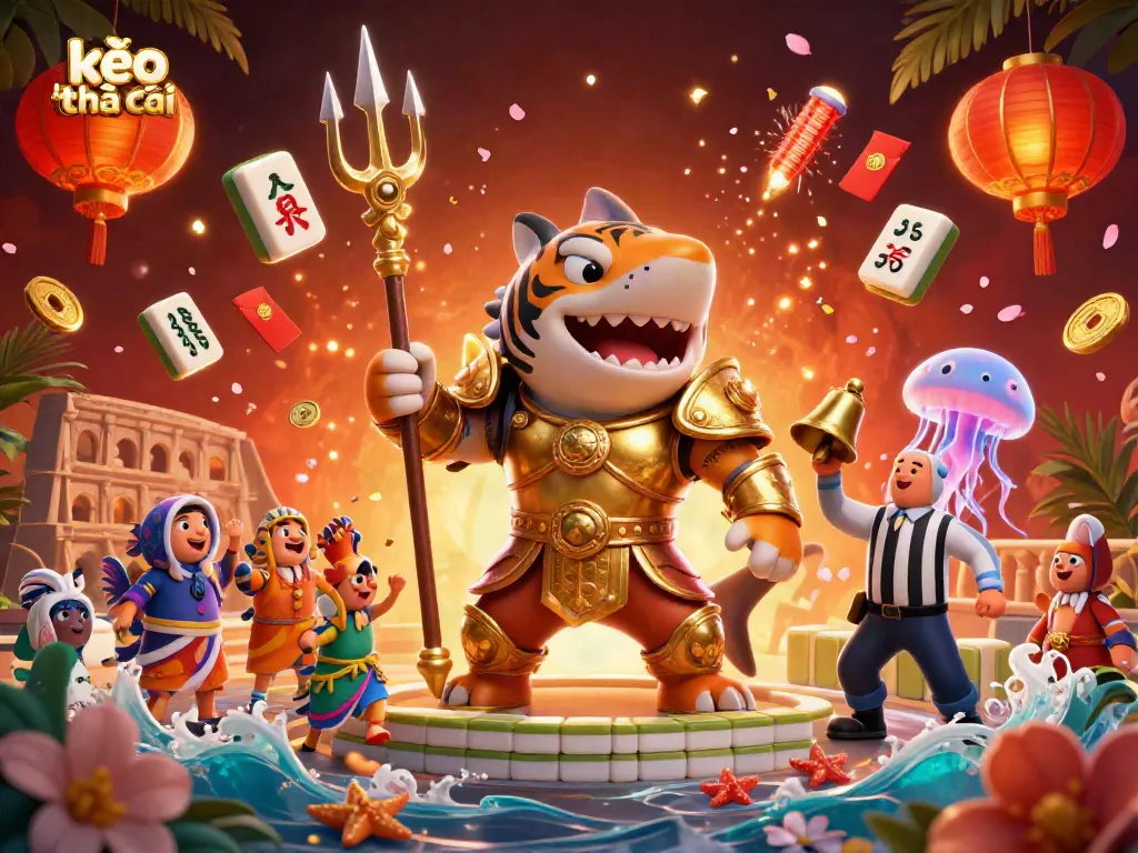 Experience the kèo nhà cái with a vibrant underwater scene featuring a tiger shark in gladiator armor.