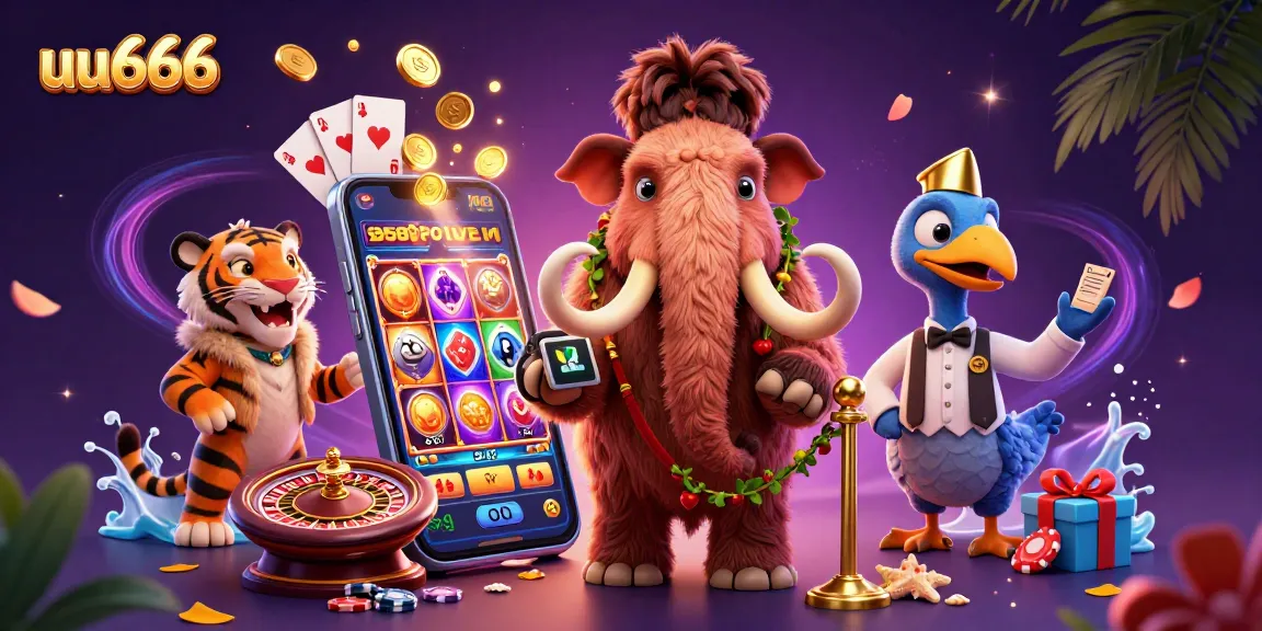 uu666 showcases a vibrant scene with a woolly mammoth bouncer and a VIP saber-tooth tiger, embodying expert casino energy.