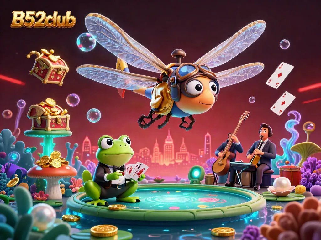 Experience thrilling casino action with B52club as a dragonfly pilot and a frog croupier engage players in vibrant underwater gaming.
