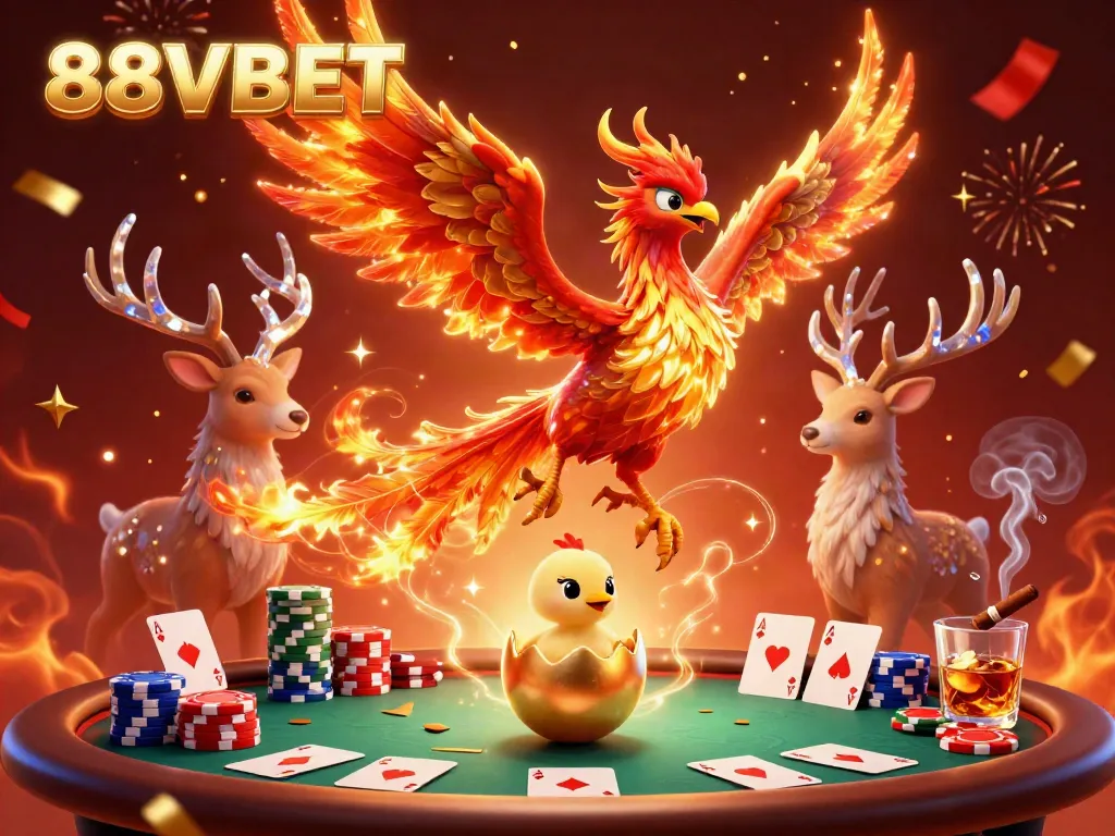 88VBET showcases a vibrant, dynamic scene with mythical elements and poker gameplay, highlighting the excitement of online gambling.