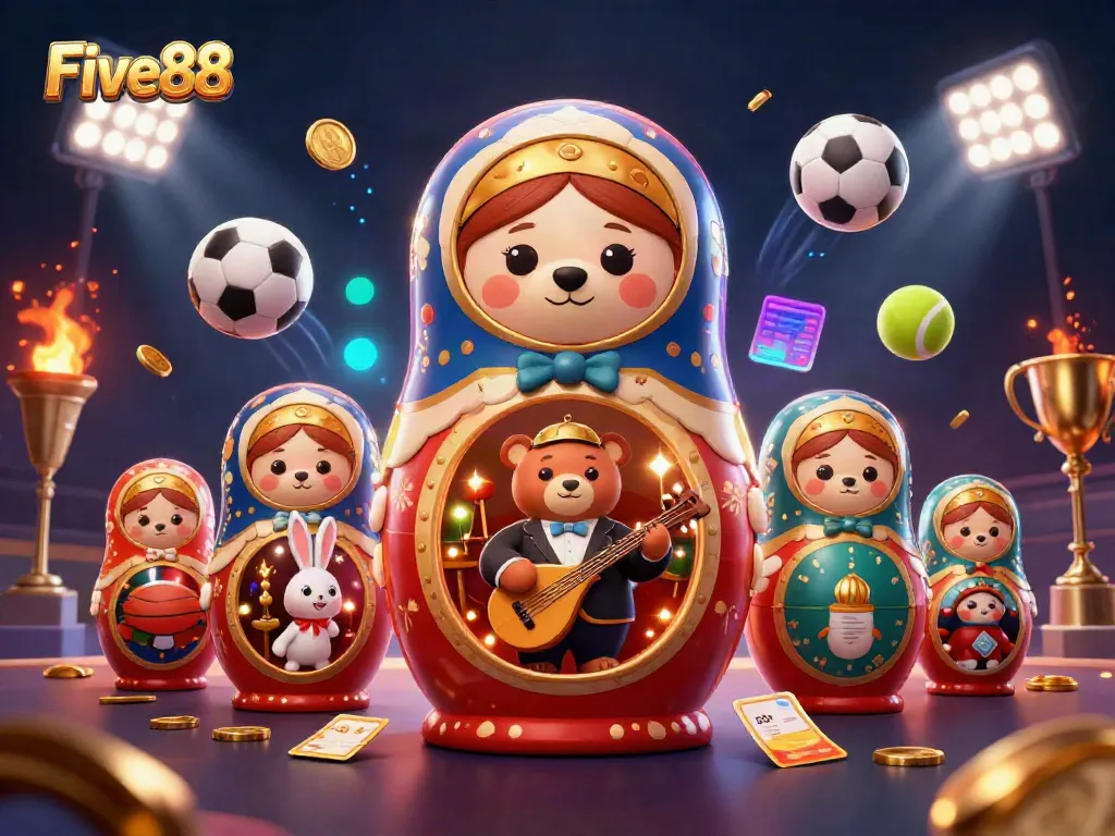 Experience thrilling sports betting action with Five88 featuring vibrant 3D characters and dynamic casino elements.