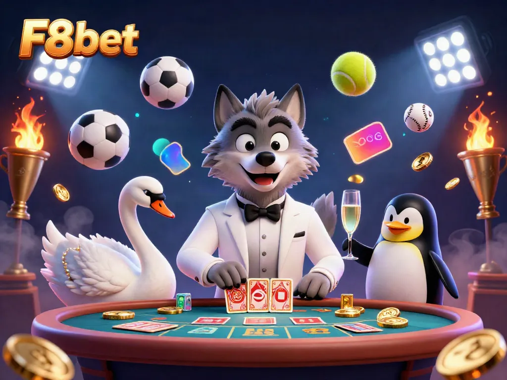 F8bet features a debonair wolf, elegant swan, and penguin sommelier in a vibrant casino atmosphere.