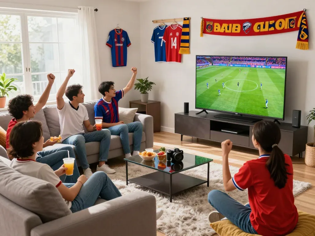 Fans enjoying a live football match on Gavangtv in a modern living room.