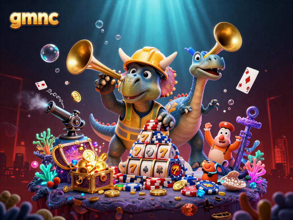 gmnc themed scene with triceratops and parasaurolophus celebrating among casino symbols