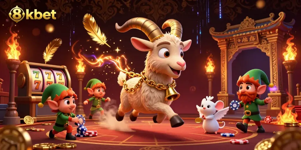 Experience the vibrant energy of 8kbet's animated casino with Krampus and friends amidst swirling gaming elements.
