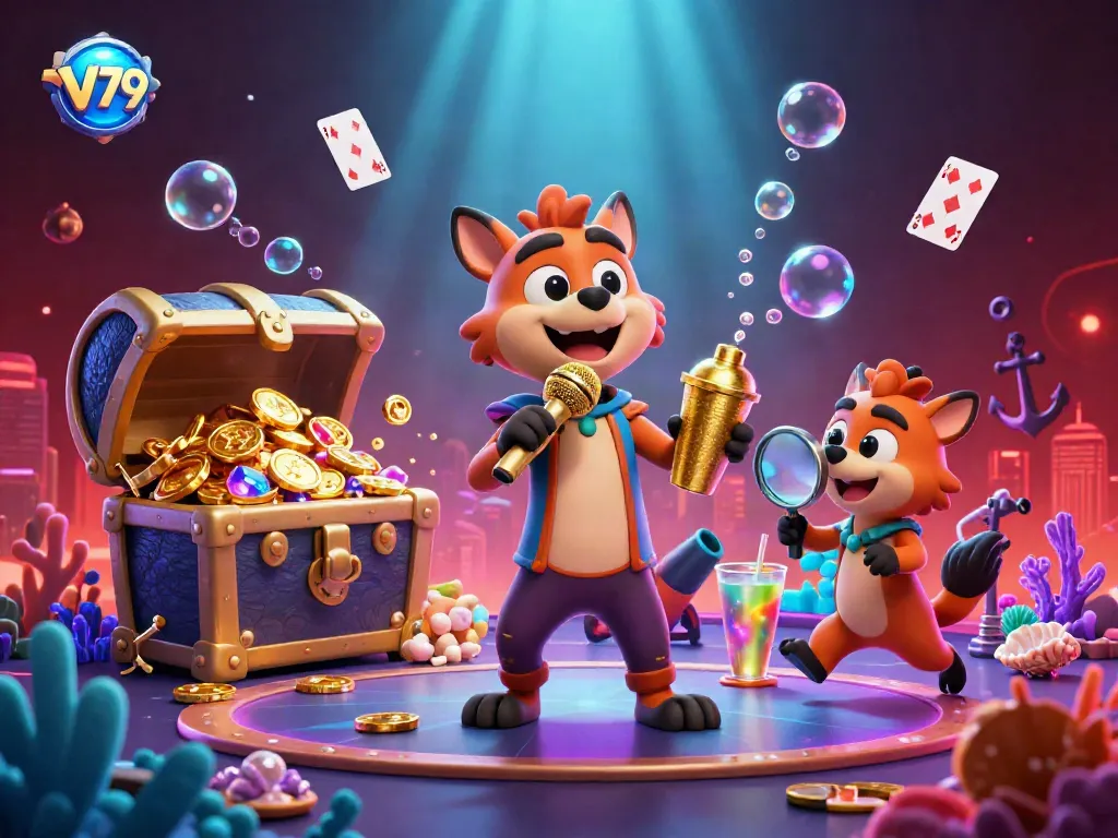 Experience the excitement of V79 casino with hyenas in a vibrant underwater comedy scene mixing drinks, checking IDs and performing.