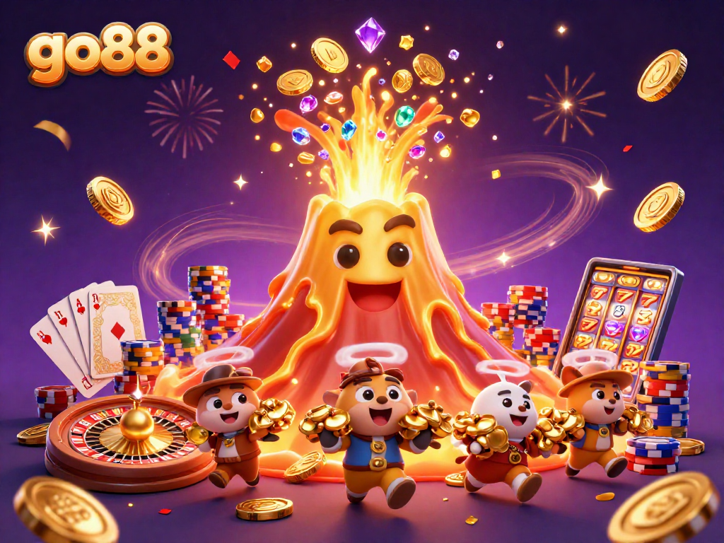 Experience the thrill of go88 with a vibrant 3D scene of a golden volcano erupting with treasure.