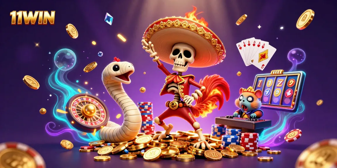 Win big at 11WIN with a dynamic 3D casino scene featuring a dancing mariachi rooster, golden coins, and vibrant game elements.