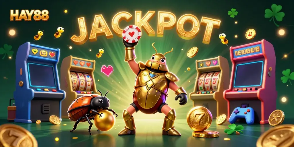 Experience thrilling wins at HAY88 with a victorious beetle champion and vibrant gaming elements.