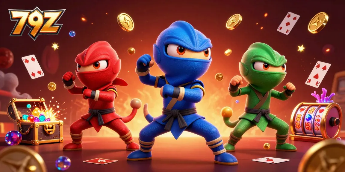 Engage in thrilling gameplay with the vibrant 79Z casino featuring dynamic ninja chameleons amidst cards and coins.