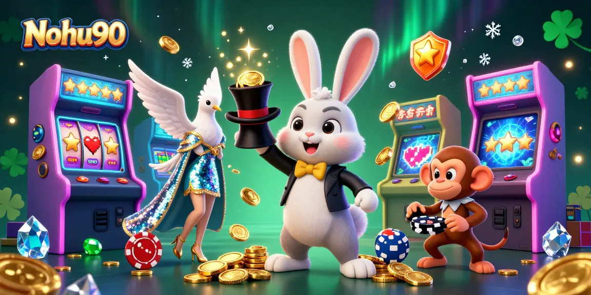 Nohu90 captivates players with golden coins and vibrant slot visuals in a 3D illustration