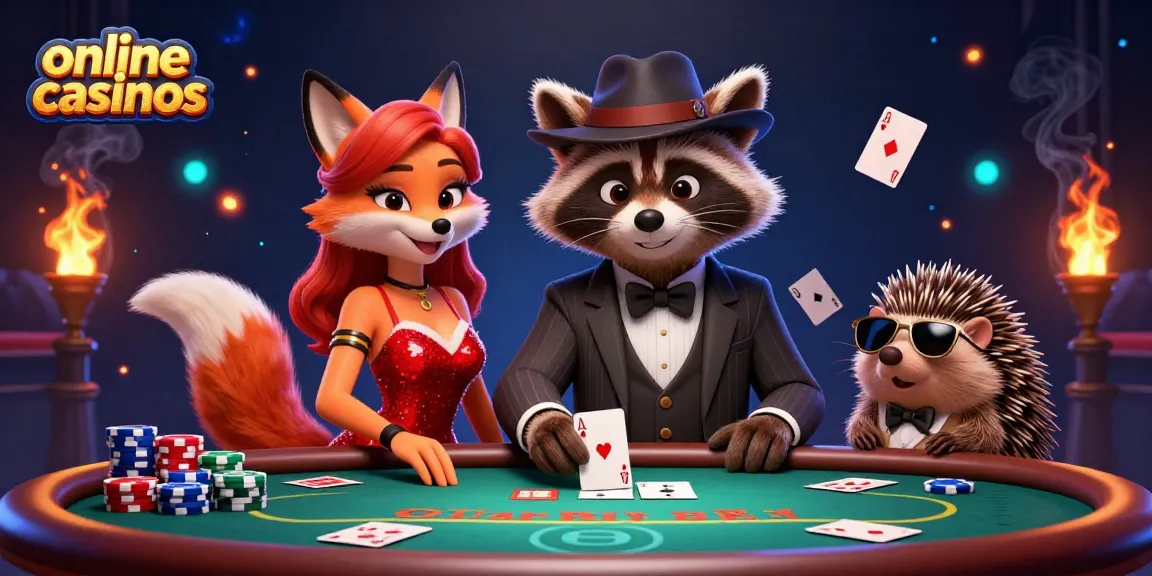 Experience the thrill of online casinos with our vibrant poker scene featuring a suave raccoon, dazzling fox, and a bouncer.