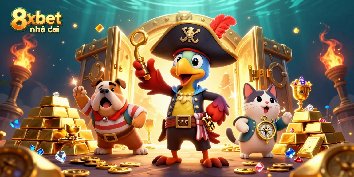 8xbet nhà cái offers exciting gaming experiences with dynamic pirate-themed elements and treasures.