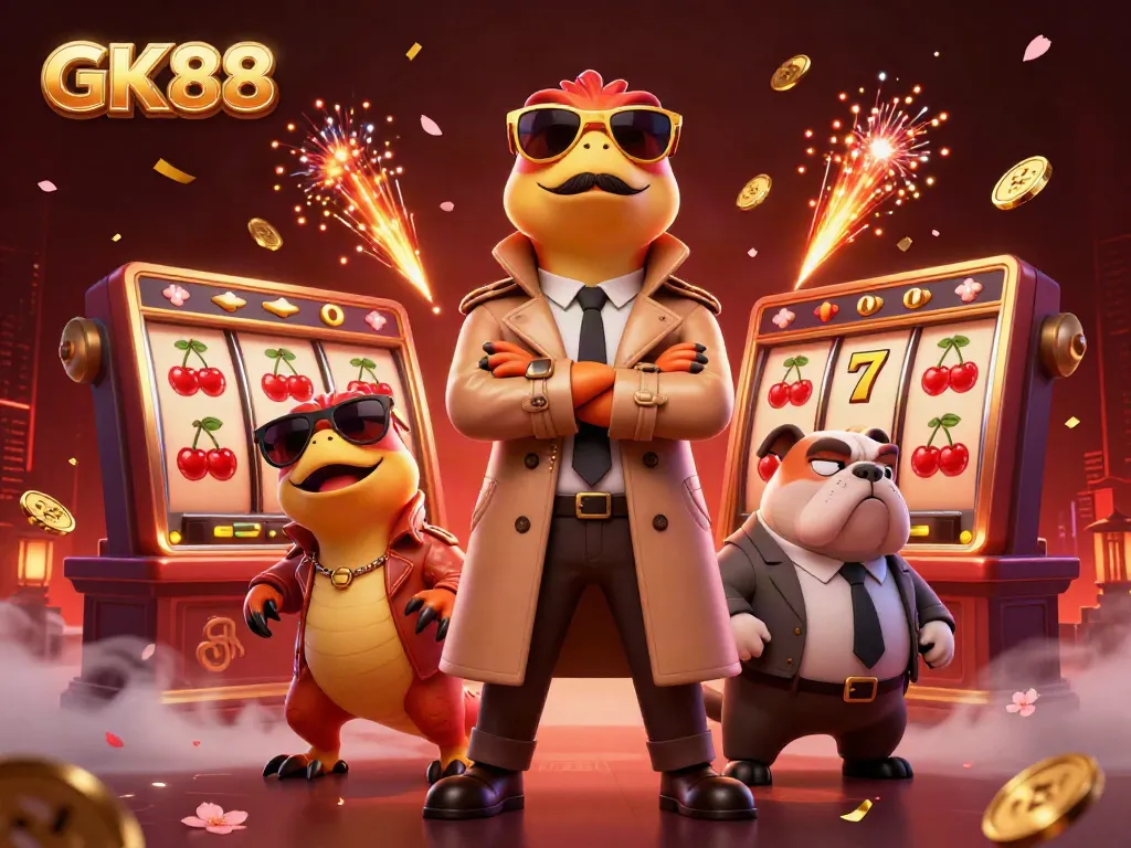 Experience GK88 as raptors in disguise attempt to enter a VIP casino lounge amidst glistening slot reels.