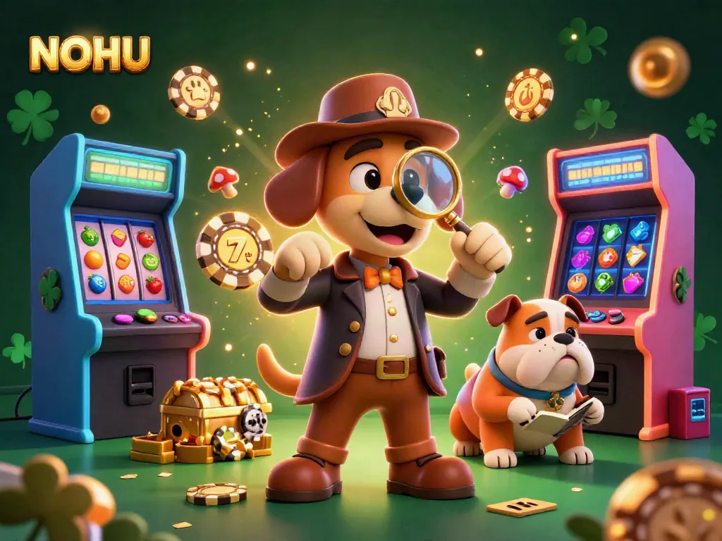 Engage with NOHU casino adventure featuring a cartoon detective discovering golden poker chips amidst vibrant gaming elements.