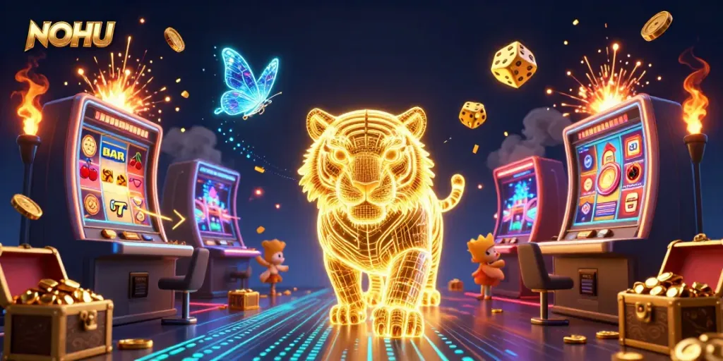 Experience the thrill of NOHU with a golden tiger and jackpot explosions in this vibrant digital casino scene.