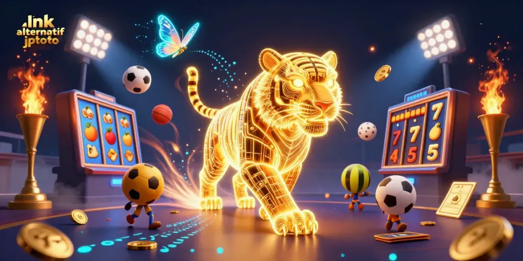 Engage with link alternatif jptoto in this vibrant casino scene featuring a glowing tiger and dynamic sports elements.