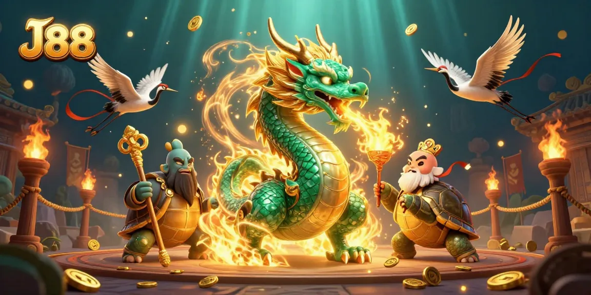 Experience the thrills of J88 with a jade dragon, a turtle sage, and playful cranes in a vibrant casino setting.