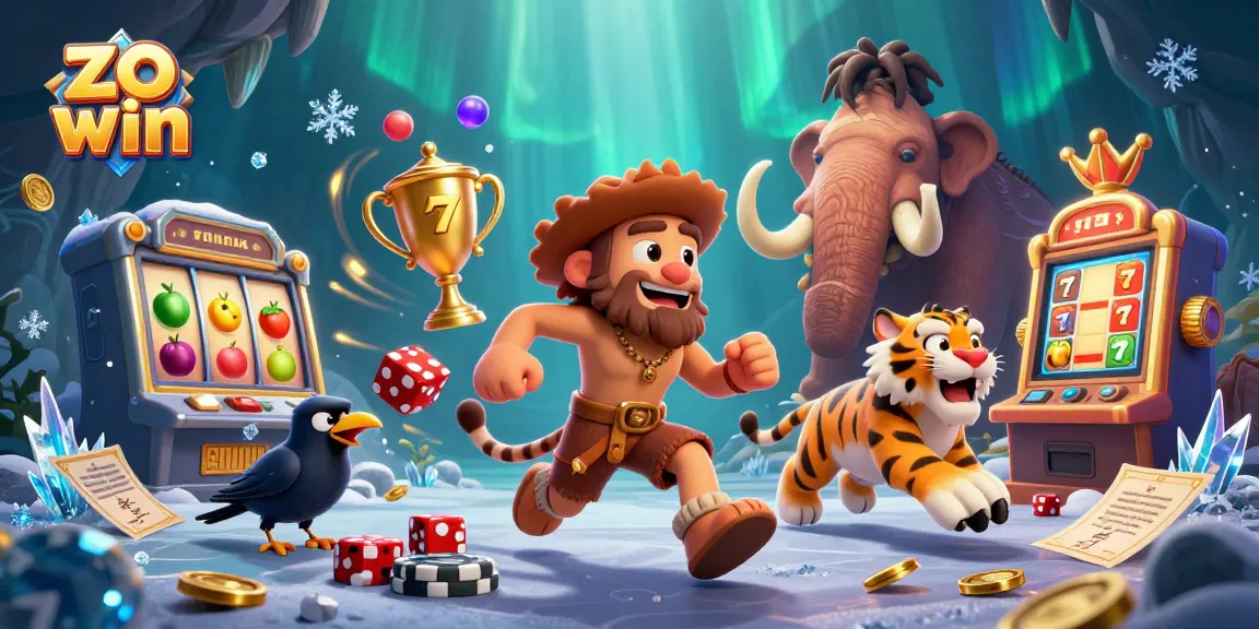 Win big with zo win in this vibrant casino scene featuring cavemen, slots, and jackpots!