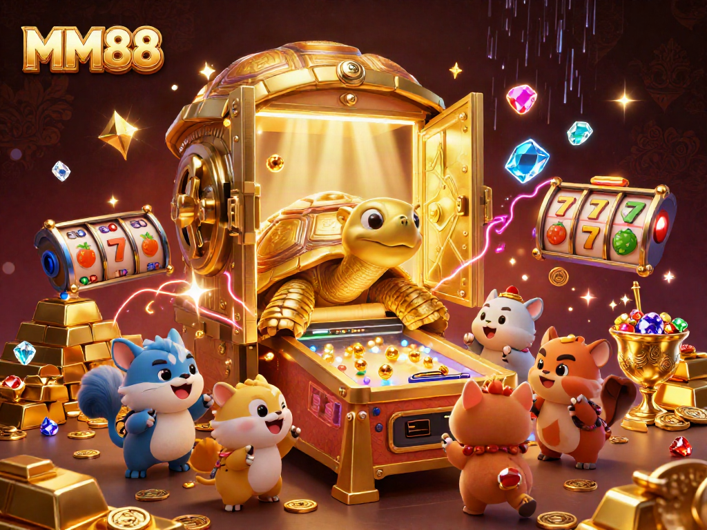 Experience thrilling MM88 casino action with a vibrant scene of a golden tortoise and numerous treasures.