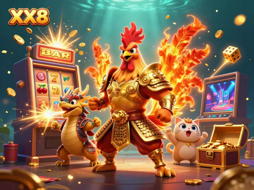 Experience the excitement of XX8’s gaming world with vibrant symbols, characters, and gold coins.