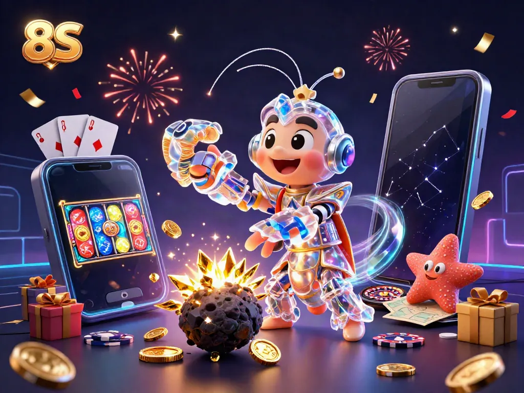 Experience the thrilling 8S adventure with a galactic samurai shrimp amidst exploding gems and coins.