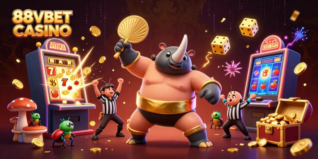 Experience the excitement of 88VBET CASINO with a vibrant scene featuring dynamic gambling elements and colorful characters.
