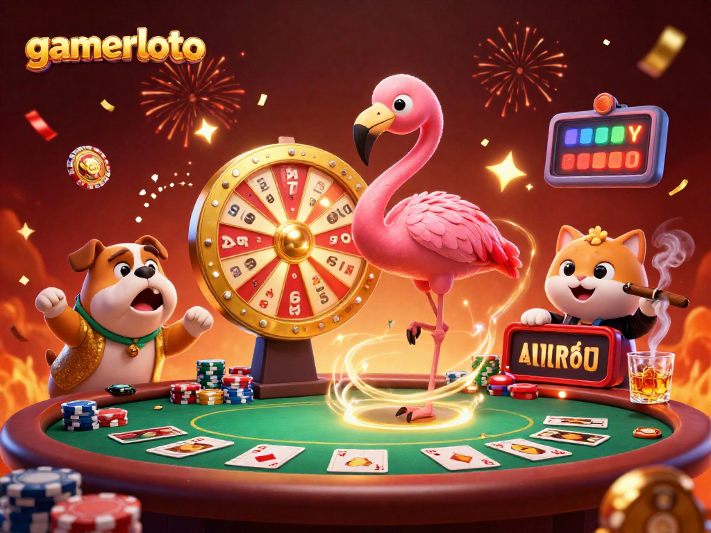 Engage with gamerloto's thrilling casino experience featuring a colorful game show scene with dynamic characters.