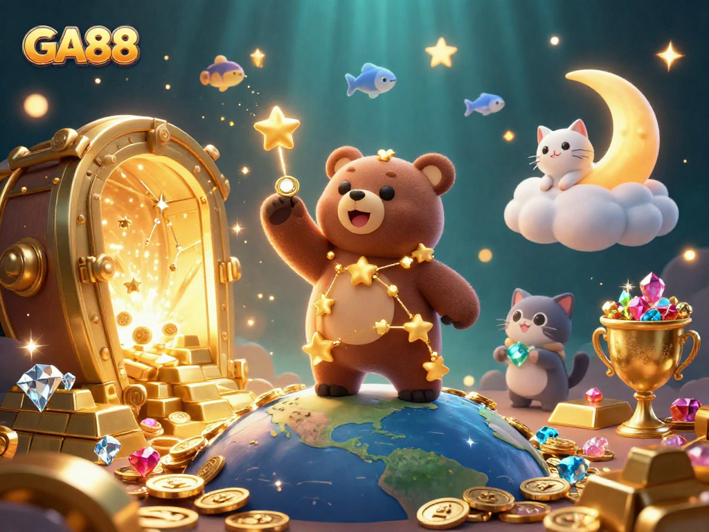GA88 casino scene showcasing a golden constellation bear and treasures in an enchanting night sky.