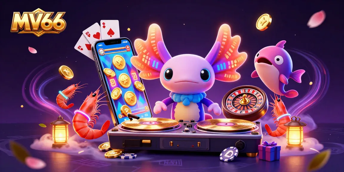 Experience the thrilling world of MV66 with vibrant casino games and unique characters in a dynamic illustration.