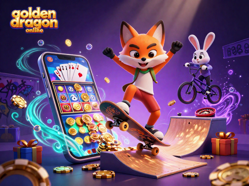 Engage with the thrill of golden dragon online slot gaming as 3D characters perform exciting tricks amidst casino symbols.