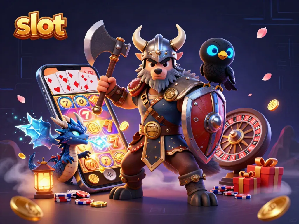 Spin the slot reels with a Viking wolf warrior, dragon, and glowing raven in this dynamic casino scene.
